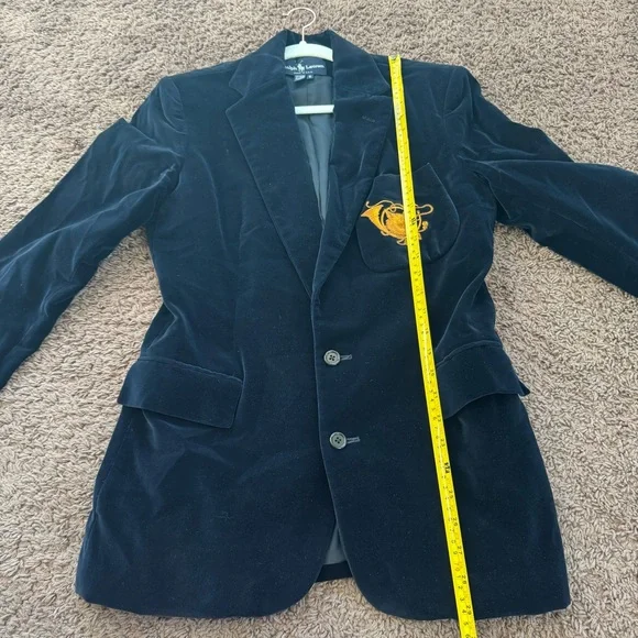 RALPH LAUREN Navy Blue Velvet Fox & Horn Crest  Blazer Jacket Long Line 8 - Picture 7 of 9